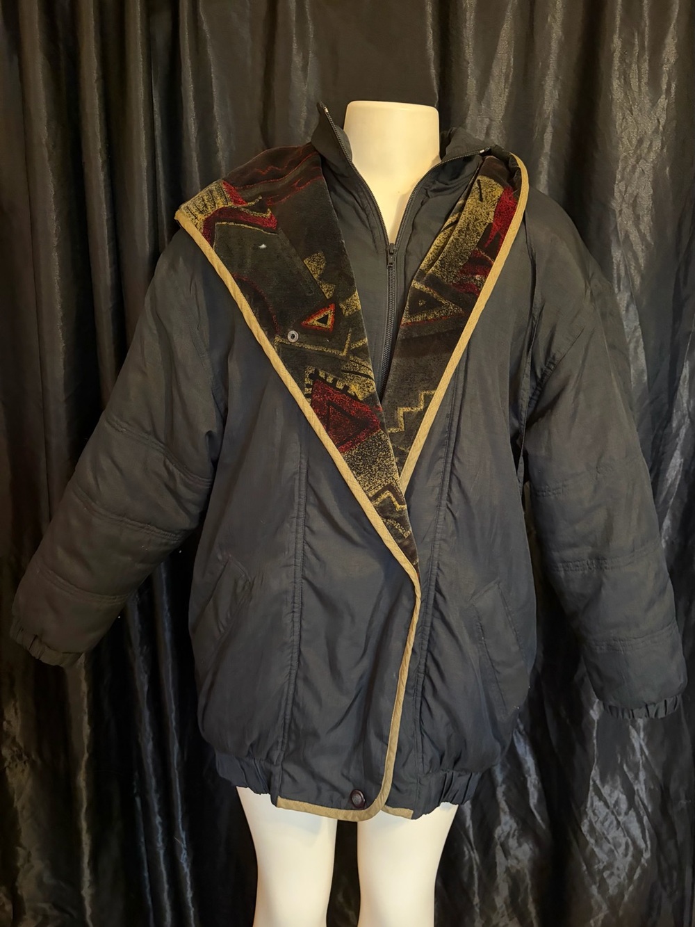Utex Black Puffer Jacket with Patterned Trim